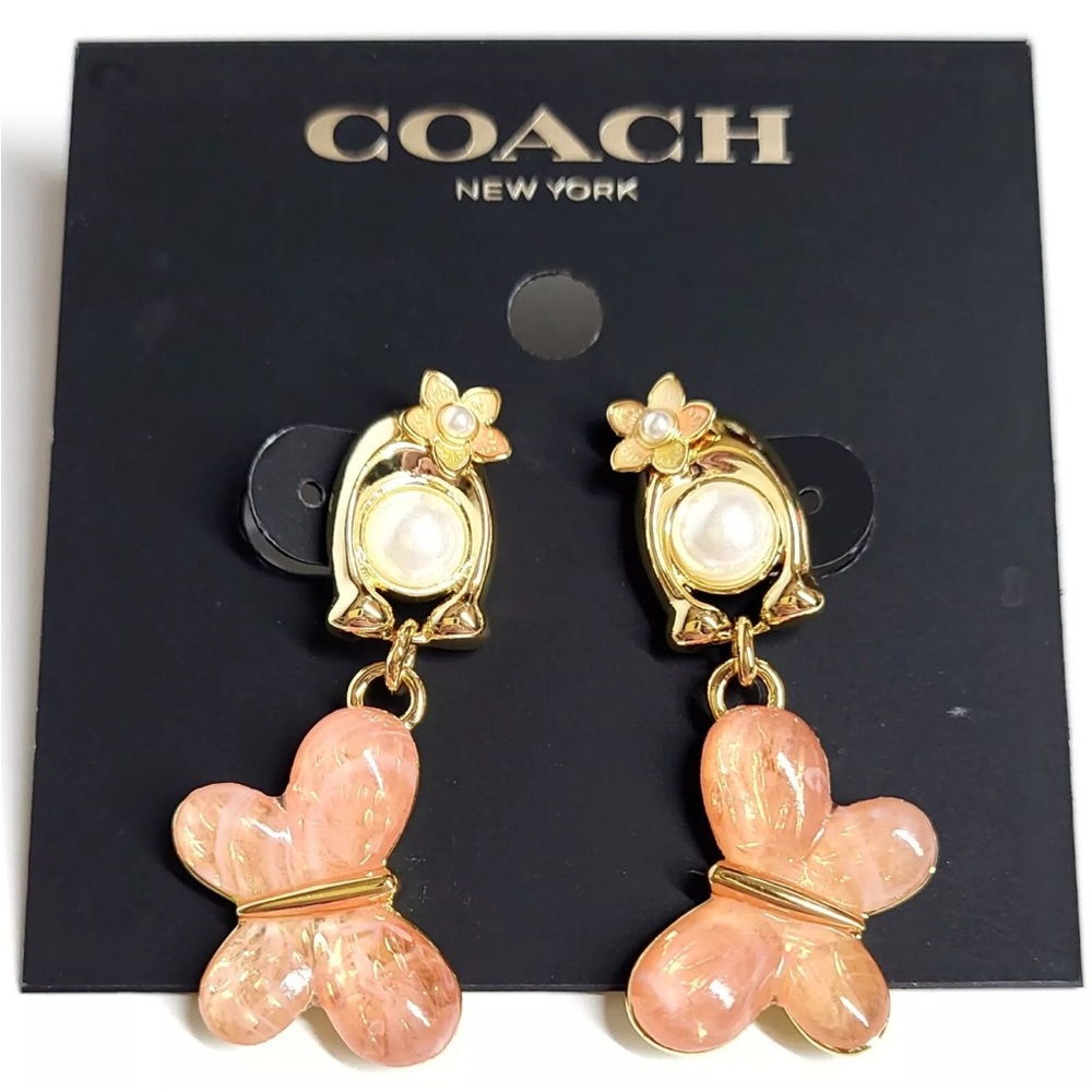 NWT Coach Signature Butterfly Pink and Gold Drop Earrings